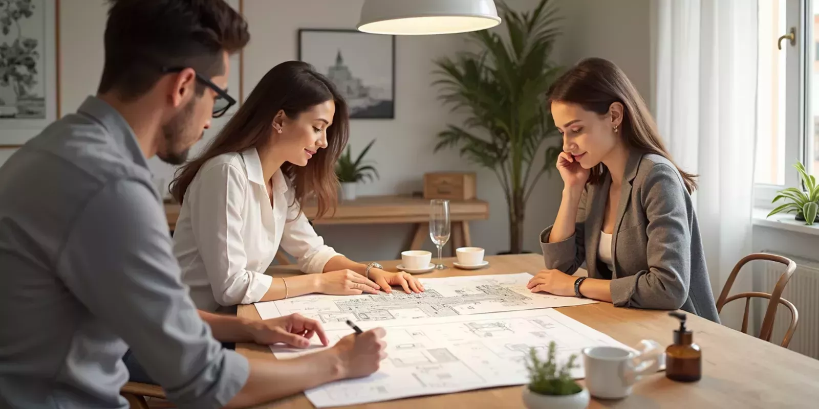 Personas analizando documentación y planos antes de tomar una decisión sobre una vivienda.
