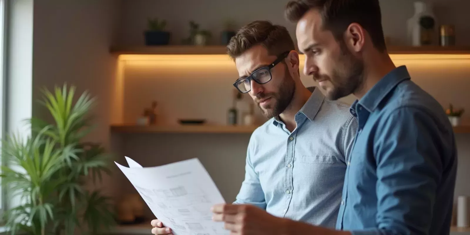 Comprador y asesor revisan planos en una vivienda para reformar en Madrid.