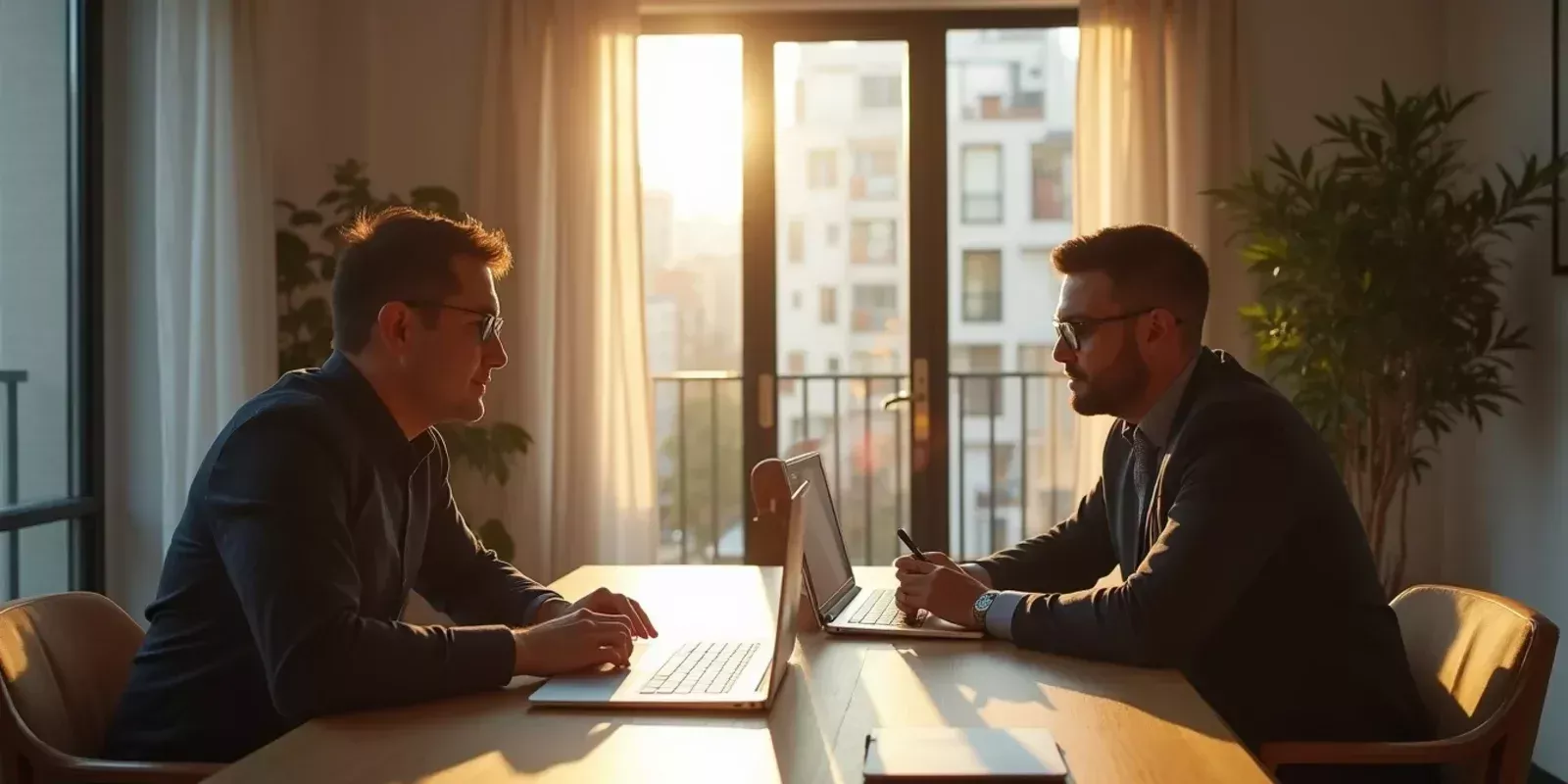 Propietario revisando con un profesional la comercialización de una vivienda en Madrid.
