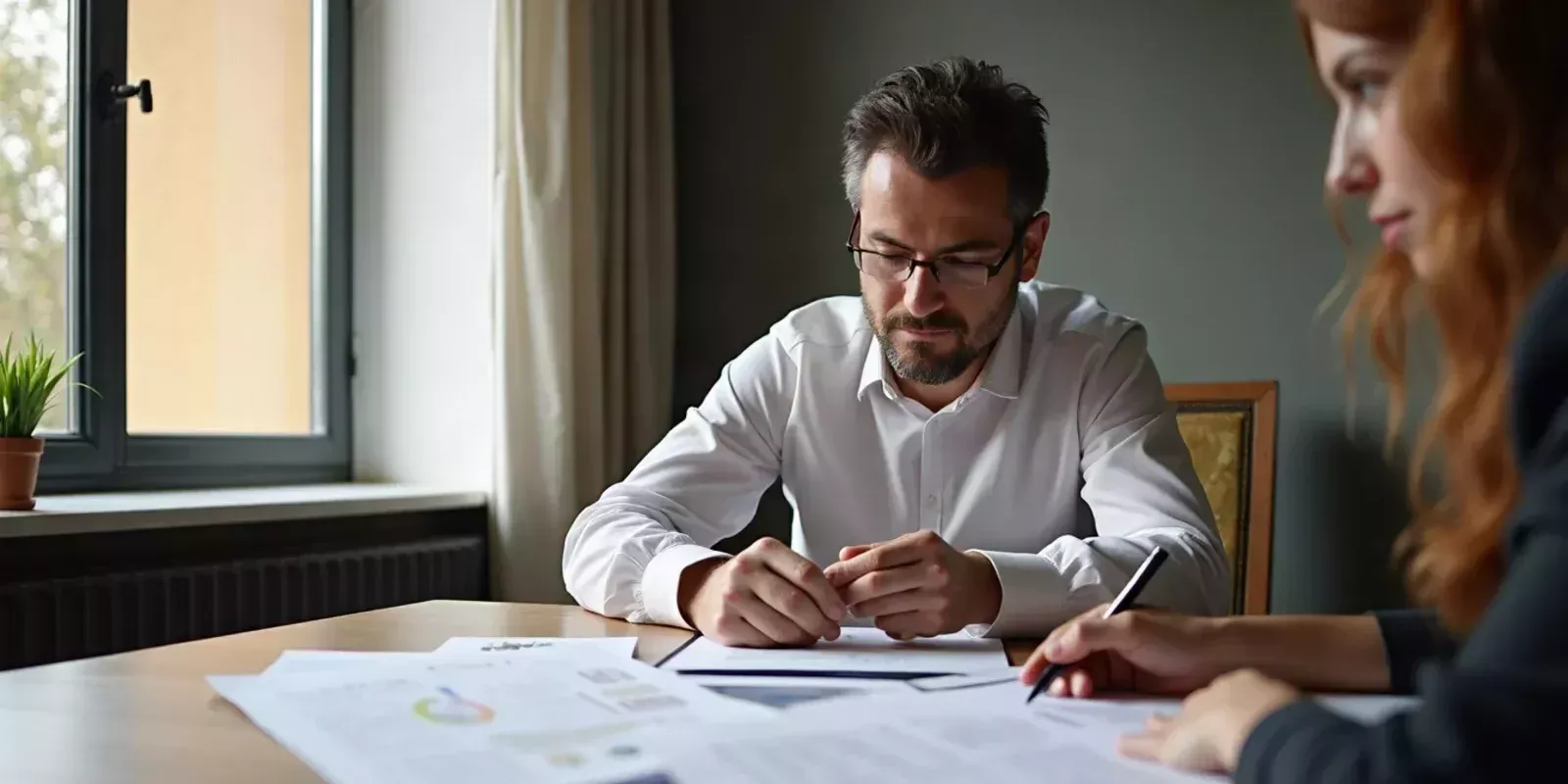 Propietario comparando dos valoraciones de una vivienda en Madrid junto a un profesional
