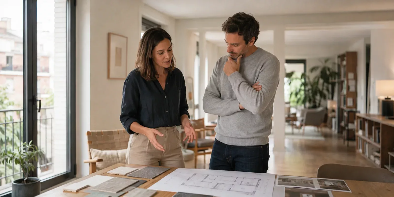Propietario y profesional analizando hasta dónde personalizar una reforma de vivienda en Madrid