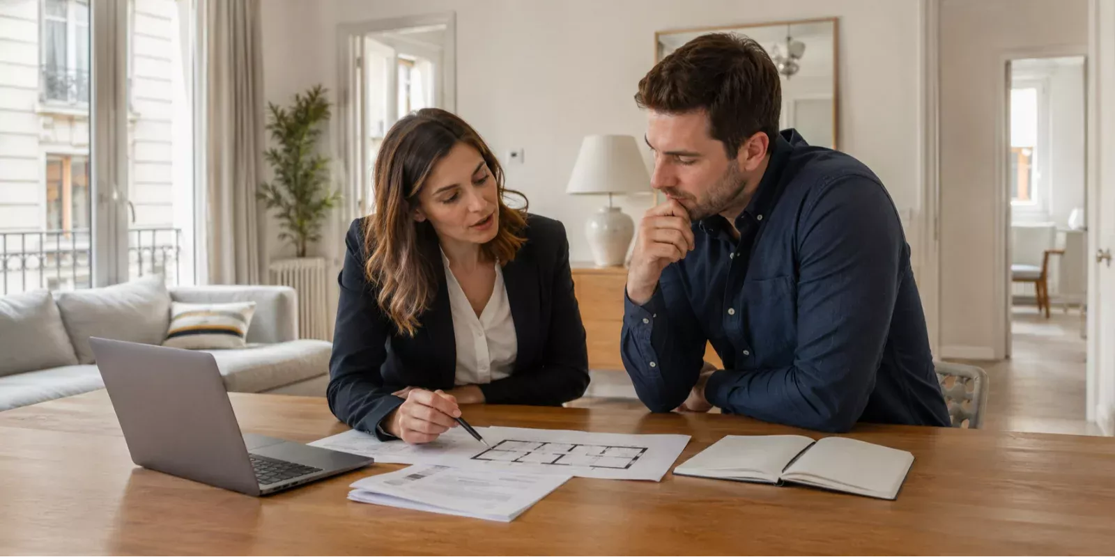 Comprador y profesional revisando condiciones antes de hacer una oferta por una vivienda en Madrid