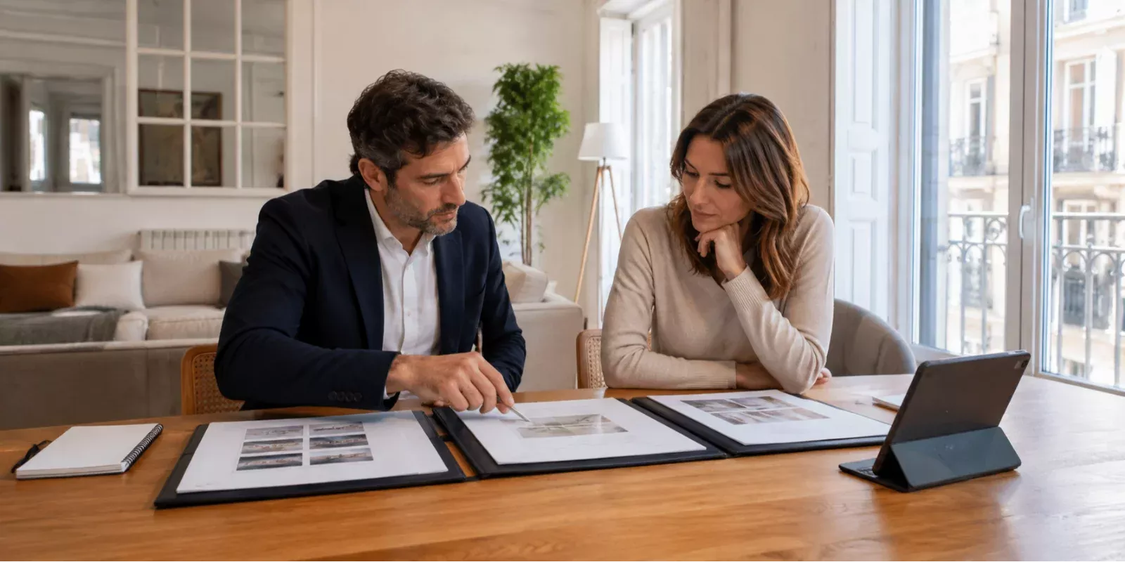 Propietario y profesional comparando ofertas recibidas para vender una vivienda en Madrid