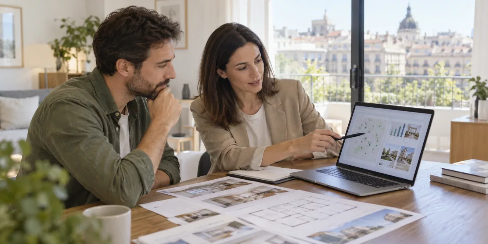 Persona y profesional analizando el mercado inmobiliario de Madrid antes de tomar una decisión sobre vivienda