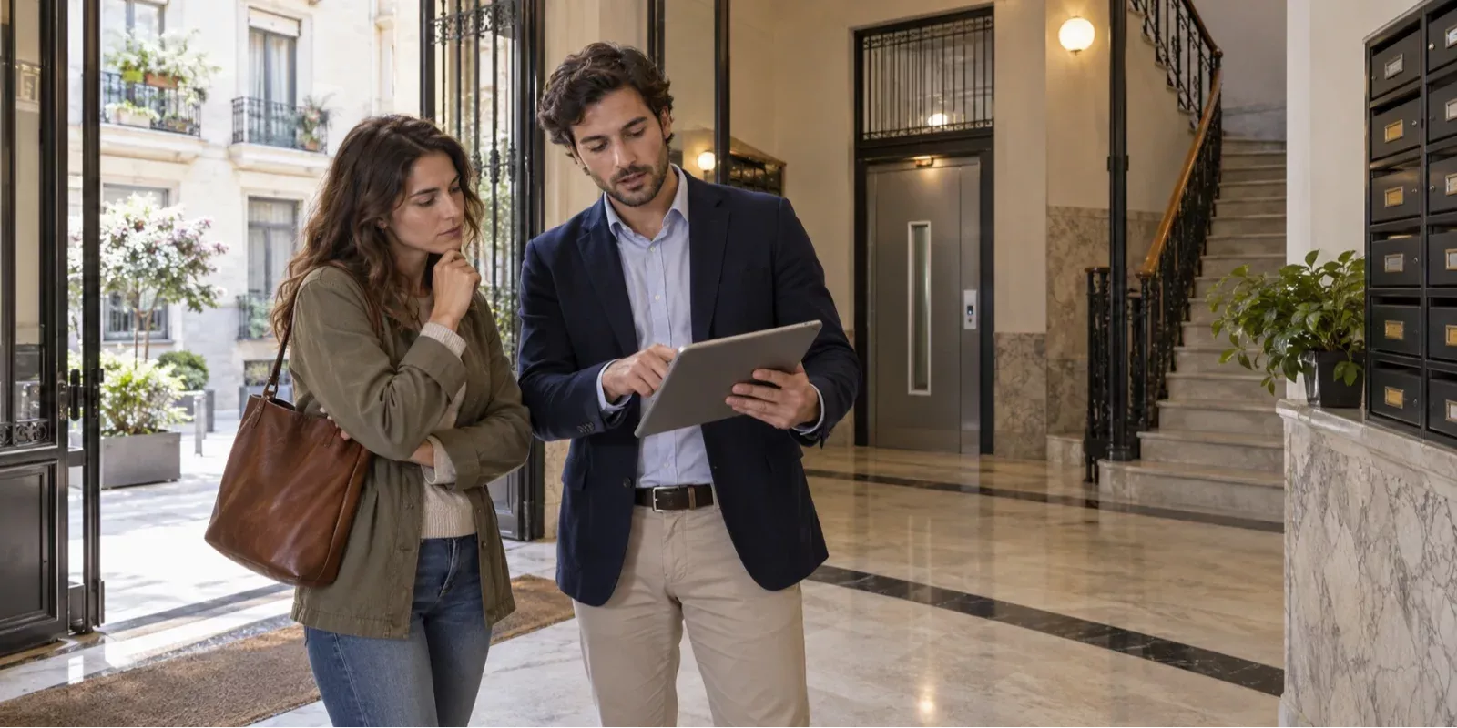 Comprador y profesional revisando un piso, el edificio y la comunidad antes de comprar una vivienda en Madrid