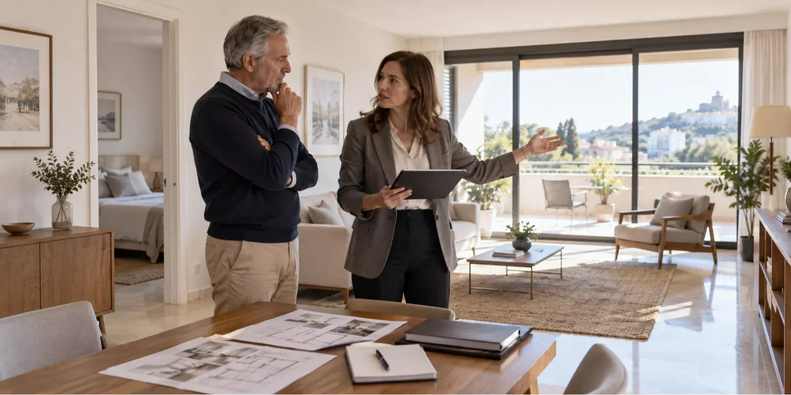 Propietario y profesional analizando qué hacer con una vivienda que no utiliza en Madrid