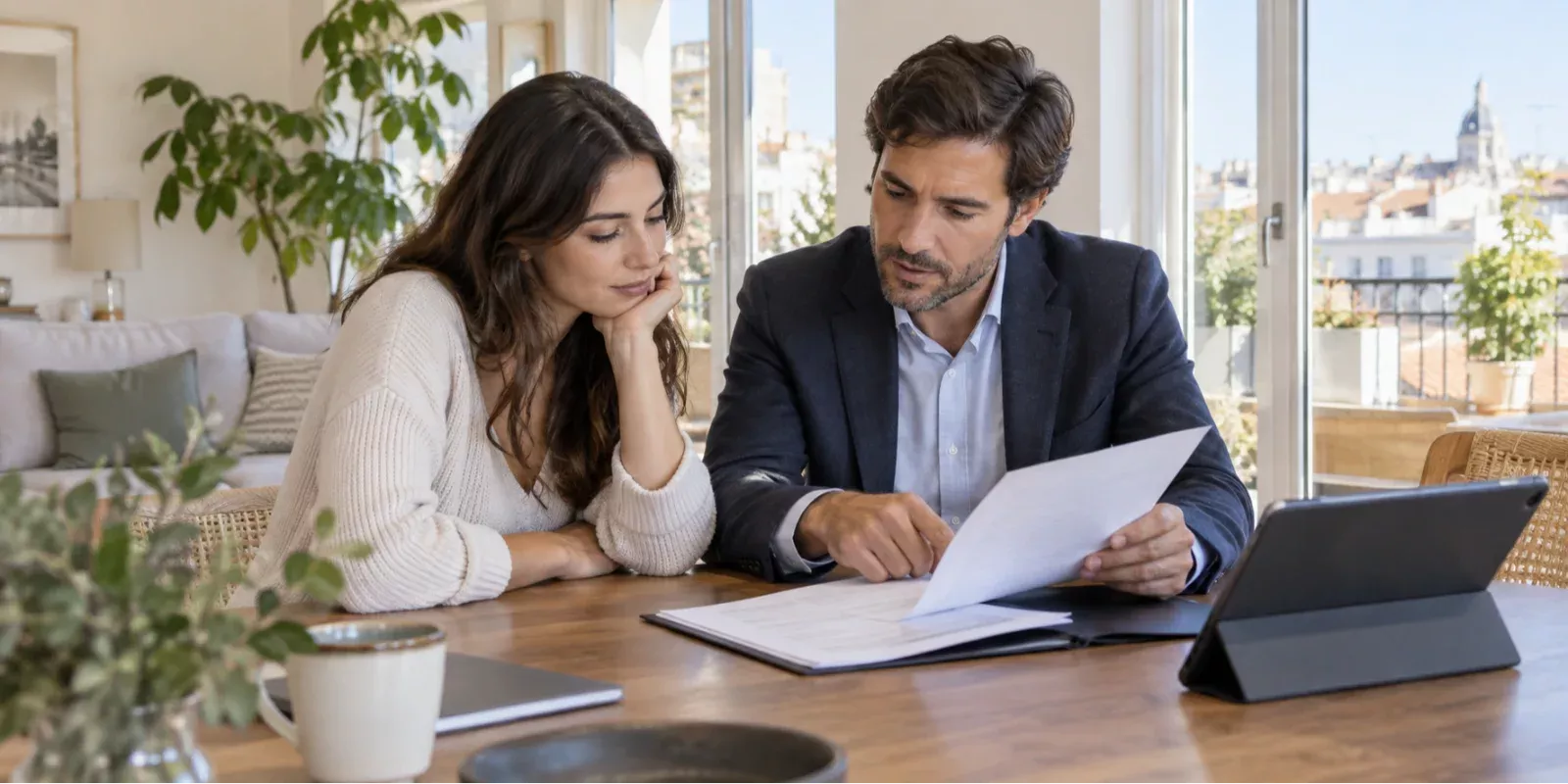 Comprador y profesional revisando una operación antes de firmar las arras de una vivienda en Madrid