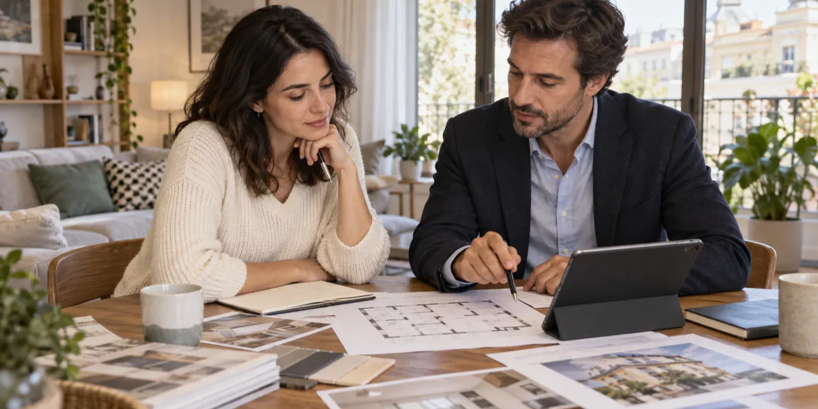 Comprador y profesional revisando el coste total de comprar una vivienda en Madrid
