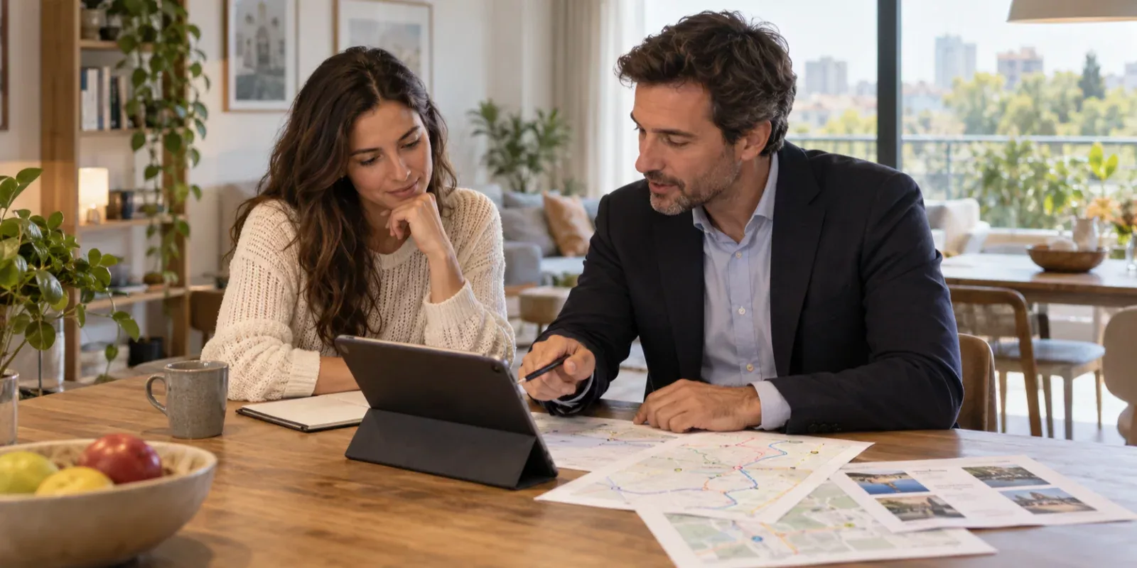 Comprador y profesional analizando los desplazamientos desde una posible vivienda en Madrid
